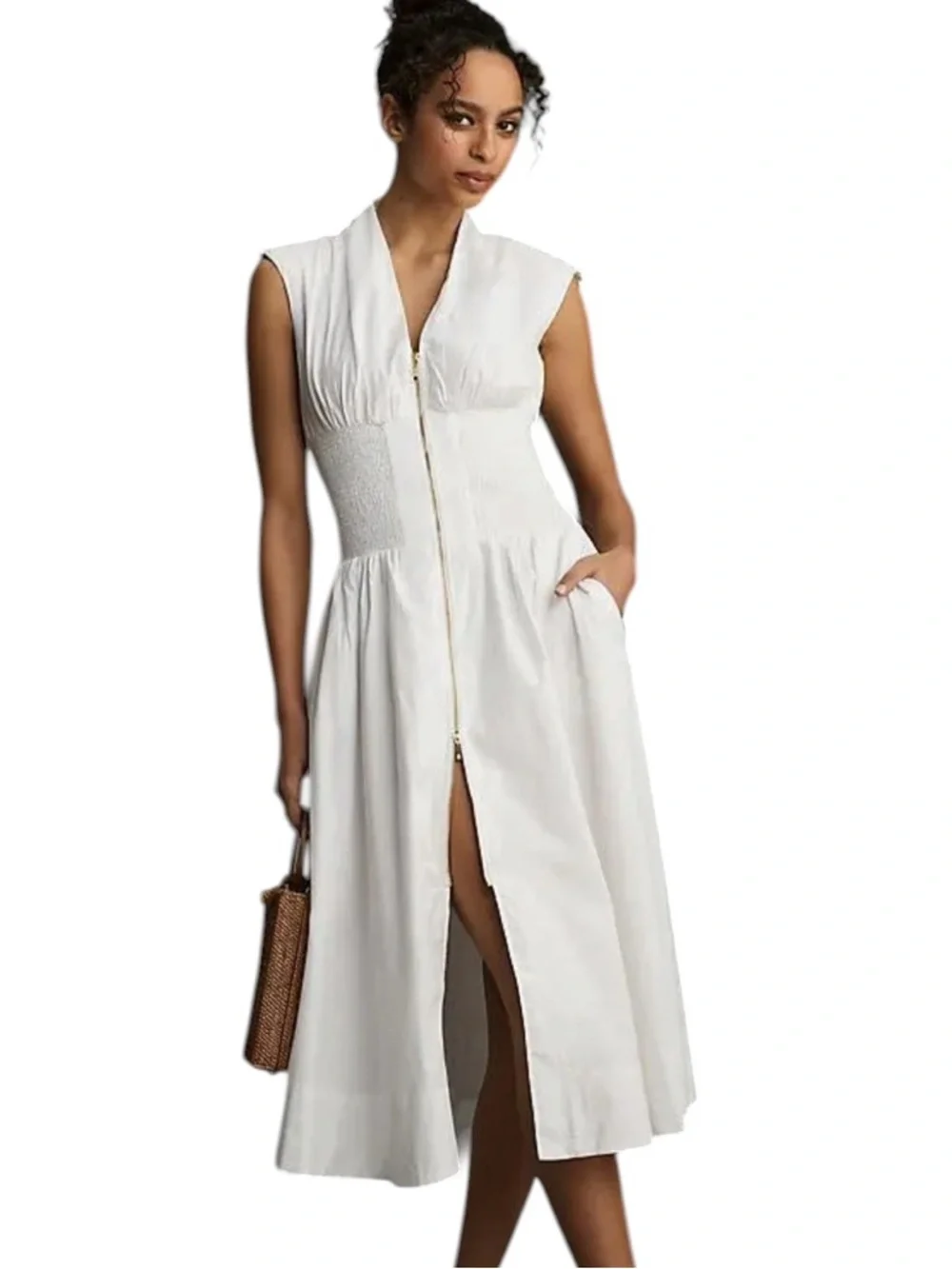 Anthropologie Cotton The Tommie Smocked Waist Front Zip Shirt Dress White Size M - Picture 4 of 13
